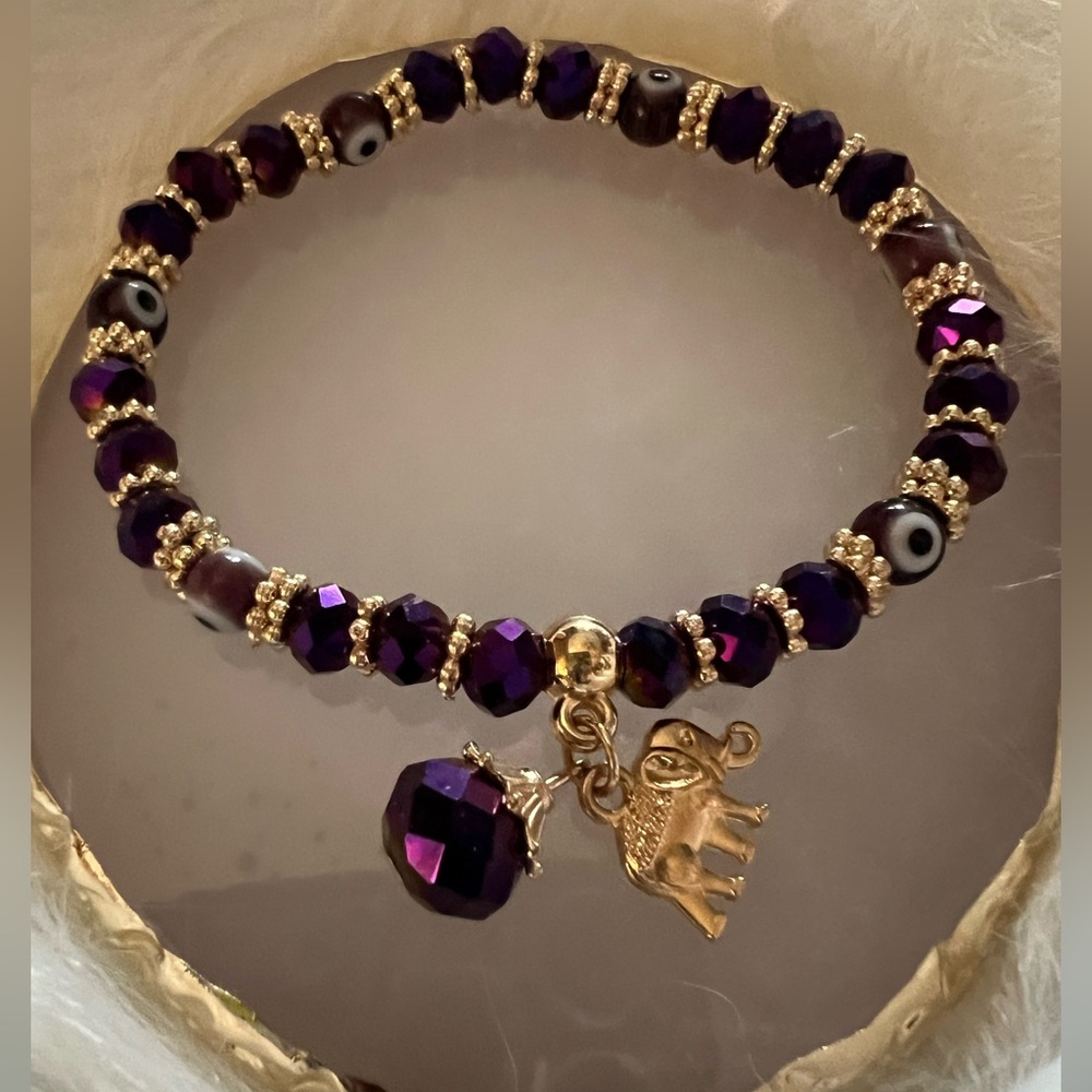 Purple Beaded Evil Eye Bracelet with Gold Elephant Charm
